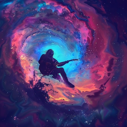 This electrifying track combines technical guitar solos, pulsating rhythms, and cosmic synthesizers to whisk listeners away on an epic space voyage. It fluctuates between intense and serene moments, capturing the grandeur and unknown wonders of the cosmos. Enveloped in a vibrant and mystical aura, this piece promises an unforgettable auditory experience.