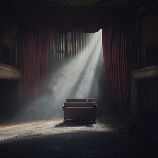 An instrumental piece that evokes unease through haunting melodies and dissonant harmonies, set within a theatrical atmosphere reminiscent of abandoned stages and dimly lit auditoriums