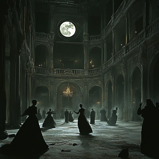 A dark and chilling waltz in an abandoned ballroom, where the spectral piano rhythm conjures visions of ghostly dancers. The music quietly echoes through the cold, empty space, portraying an elegant yet eerie dance.