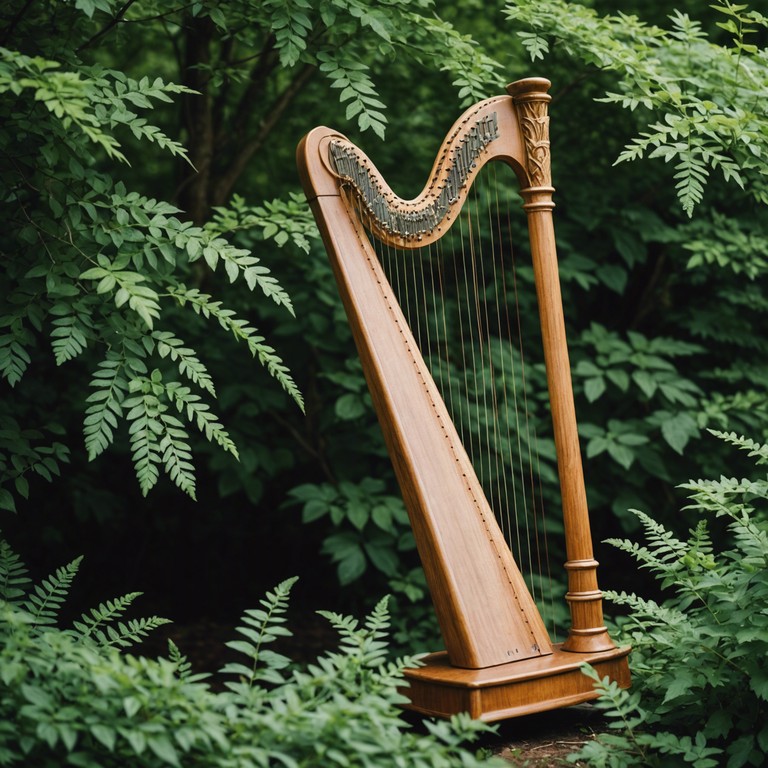 Delve deeper into the heart of the woodland, where each note from the delicate harp strings merges seamlessly with the tranquil, natural world, creating an overwhelming sense of peace and connection with nature.