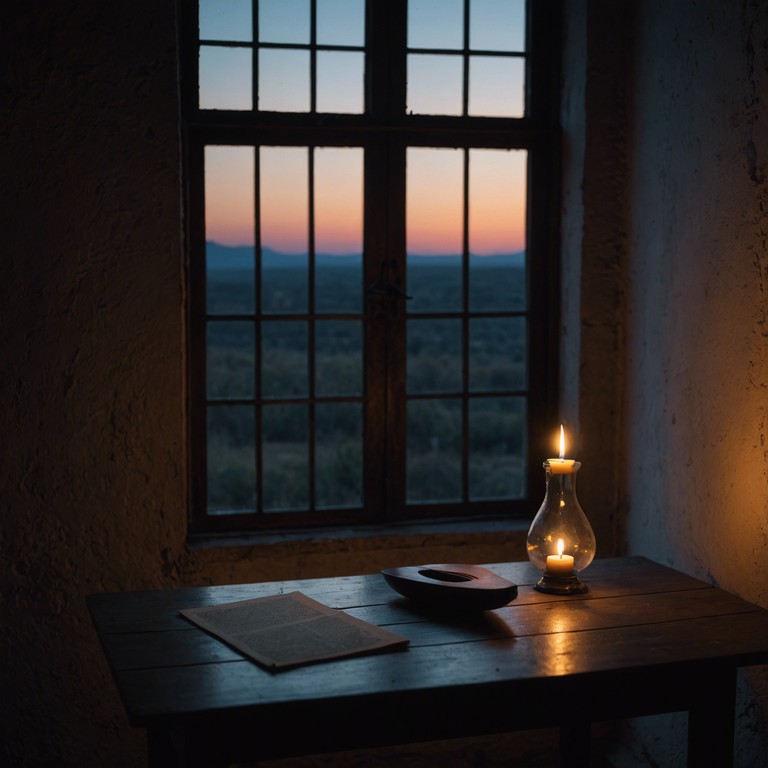 As evening falls on an abandoned village, the delicate plucking of a lute weaves tales of yore, infusing the silence with a blend of nostalgia and apprehension, each note a whisper of the village's vibrant past seen through the eyes of a lone troubadour.