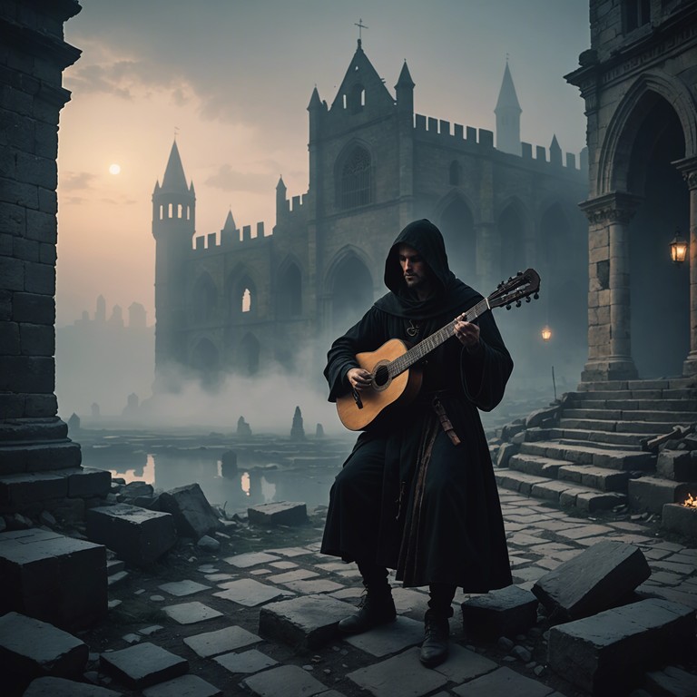 Under the pale moonlight, a lone minstrel's silhouette stands against the backdrop of crumbling walls, his fingers deftly strumming a lute as he conjures eerie, captivating tunes that speak of forgotten times and spectral presences.