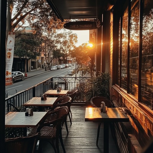 An instrumental piece that blends smooth torch lounge music with a carefree, relaxed mood, evoking the ambiance of a serene evening at a cozy cafe as the sun sets, allowing listeners to unwind and drift away in mellow melodies.