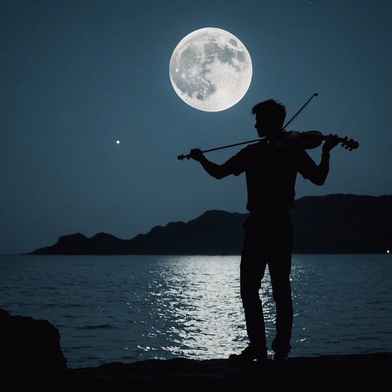 Envision a tranquil scene as the soothing tones of a violin waltz blend with the rhythmic whispers of sea waves under a pale moonlight, creating an aura of peace and introspection.