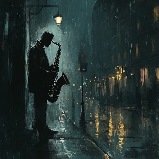 A lone saxophone plays a heartfelt, slow melody echoing through an empty, rain soaked city street at night. The tune's gentle, wavering notes transport the listener to a time of bittersweet memories and lost romances, blending the warmth of nostalgic love with the cold touch of a rainy evening.