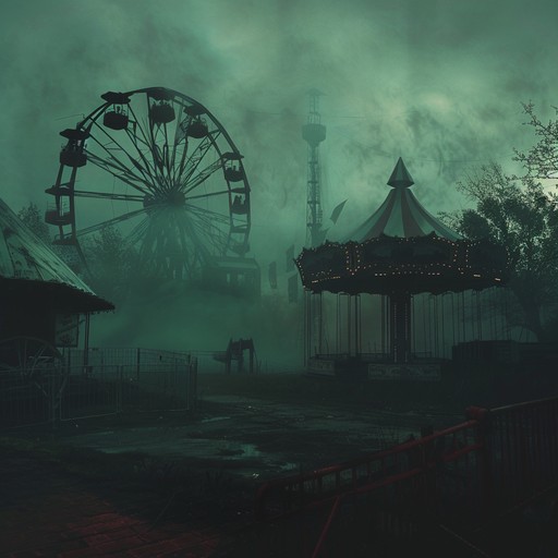 Imagine walking through an abandoned carnival at night, with eerie lights flickering and distant screams echoing in the air. The music is slow and ominous, with haunting melodies played on a pipe organ and creepy sound effects like creaking doors and rattling chains. The overall atmosphere is one of dread and unease, as if something sinister is lurking in the shadows.