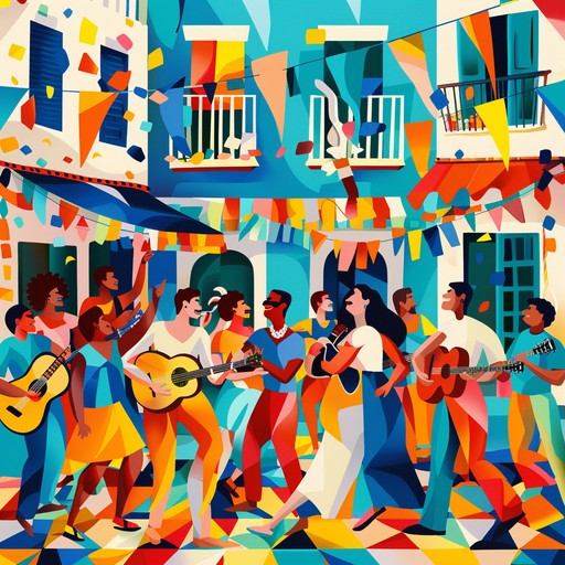 A high energy jingle with vibrant carnival beats, whistles, and electric guitar, capturing the spirit of a lively dance celebration.