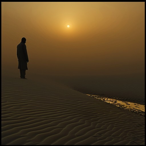 Imagine a serene dawn by the sindh desert, as the first light bathes the sand dunes in a golden hue, the music captures the profound peace and age-old mysteries whispered by the wind, blending traditional and modern sounds to evoke a sense of eternal beauty and transient time