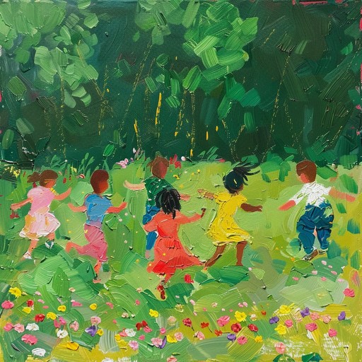 An energetic and joyful composition featuring rhythmic stomps, claps, and bright xylophone lines, evoking the image of children playing and dancing in the backyard on a sunny day.