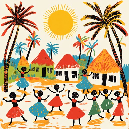 A cheerful instrumental piece featuring energetic african drums and melodic marimba, capturing the essence of a joyful sunrise in an african village where the community gathers for a lively morning celebration.