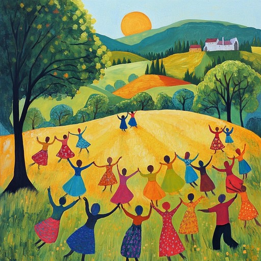 An upbeat instrumental piece that captures the essence of a joyful village festival, featuring the fiddle and traditional celtic melodies that evoke images of dancing and merriment in a serene rural landscape.