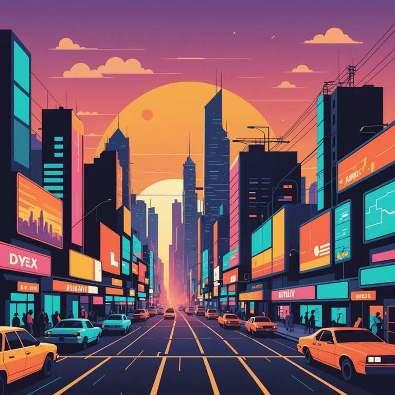 Dive deeper into a world where fantastically lit skyscrapers tower over inhabitants imbued with a sense of wonder and playfulness. This alternate version accentuates the ethereal and quirky aspects of city life at twilight in a cybernetic world.