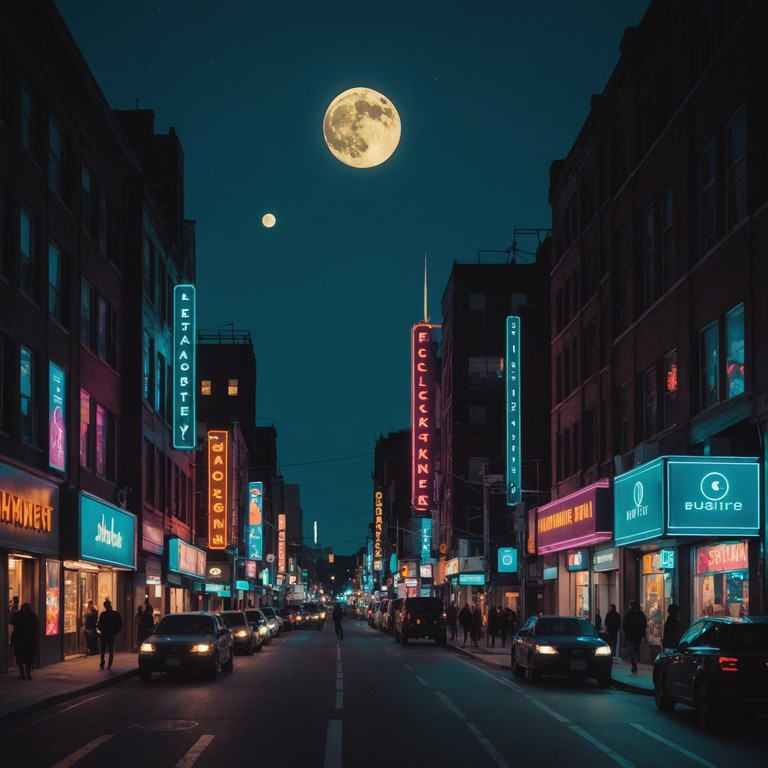 Emphasizing the melodic journey through an urban landscape under the moonlight, this alternative description spotlights the transformative mood and vibrant atmosphere a city adopts after nightfall. It invites listeners to immerse into the reflective contemplations captained by the soothing tones of a saxophone.