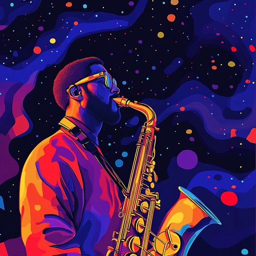 Feel the euphoria as saxophonist melodies intertwine with funky rhythms on a cosmic adventure, creating a joyful and enchanting aura