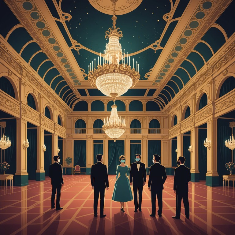 Imagine a grand ballroom under a full moon, the air buzzing with a mixture of excitement and mystery. The composition should capture the essence of a masquerade ball, blending classical elegance with whispers of secret conversations, the soft rustling of silk gowns, and the occasional clinking of champagne glasses.