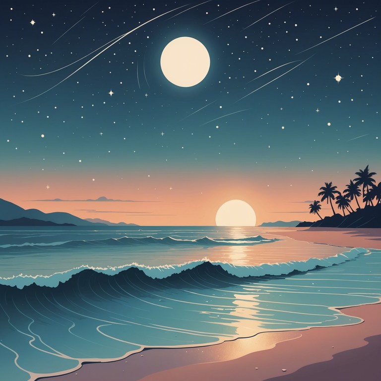 Imagine lying on a soft sandy beach under a star studded sky, the cool night air mixed with the calm, constant rhythm of the waves enhanced by melodious synth tunes. This alternative version focuses more on the celestial beauty and the enchanting nocturnal ambience.