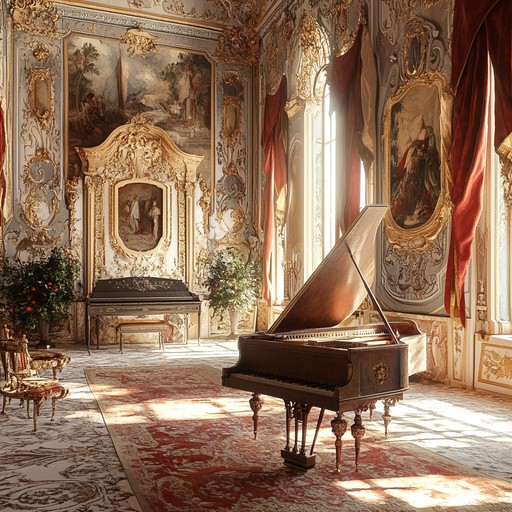 An intricate baroque composition featuring the gentle, plucked cadences of a harpsichord, capturing the essence of a courtly dance within a grand european palace. The piece combines traditional baroque styles with a modern minimalism, providing an ethereal yet structured auditory journey An intricate baroque composition featuring the gentle, plucked cadences of a harpsichord, capturing the essence of a courtly dance within a grand european palace. The piece combines traditional baroque styles with a modern minimalism, providing an ethereal yet structured auditory journey