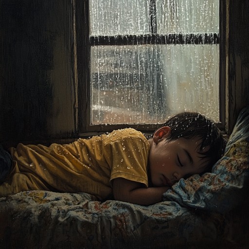 A soothing lullaby featuring soft piano melodies intertwined with gentle raindrop sound effects, creating a melancholic and calming atmosphere perfect for a peaceful night's sleep