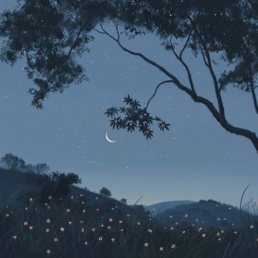 Muffled piano tones melt together with smooth lofi waves, creating a serene soundscape. Echoes of distant dreams fill the air, fostering introspective nostalgia and tranquil solitude under a blanket of stars.