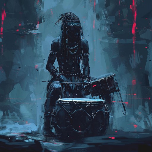 Immerse yourself in a captivating soundscape blending primal tribal rhythms with cutting edge futuristic synths, creating a dark, raw, and edgy traditional vibe that transports listeners to a time warped tribal setting infused with modern intensity and innovation