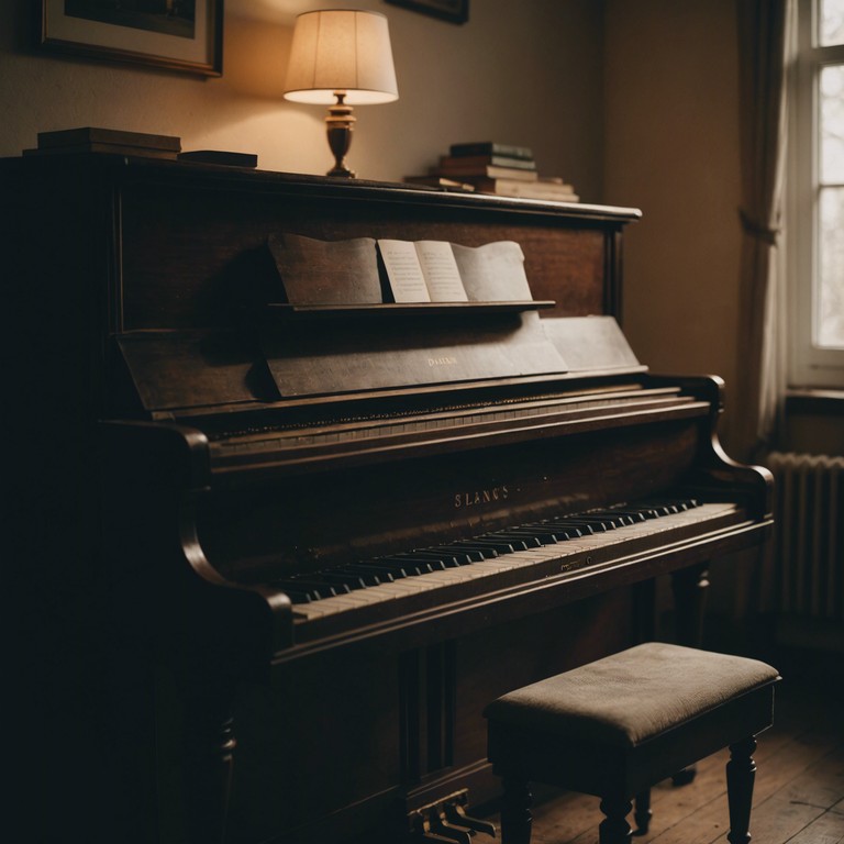 A delicate musical arrangement thrives on minimalist piano notes, weaving a serene backdrop that invites listeners into a reflective state, mimicking the ethereal whispers of time lost but remembered through music.