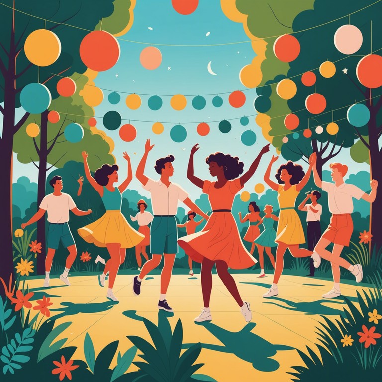 Imagine a perfect sunny day where everyone is dancing outdoors to a track with electric guitars and pulsing beats, creating an atmosphere of total bliss and community joy.