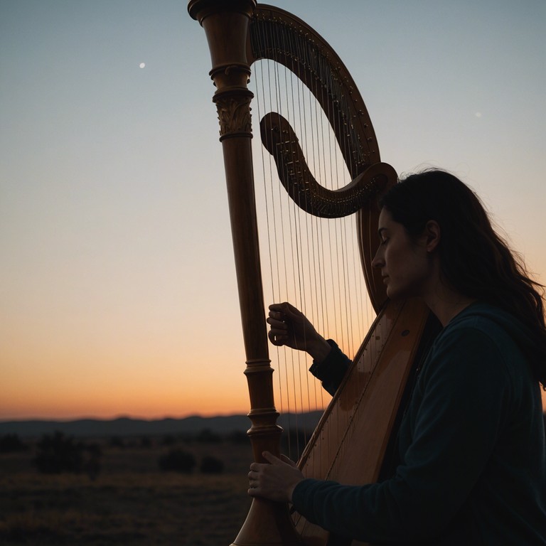 An enchanting composition that uses the harp to replicate the peaceful and reflective ambiance of a twilight enshrouded in hues of green, where every note mirrors the natural symphony of an undisturbed forest as night descends.