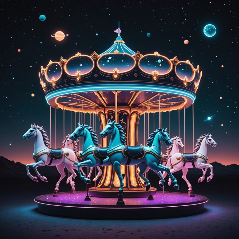Imagine a vintage carousel, not bound by gravity, spinning slowly in orbit around a neon lit planet where the horses are gleaming with futuristic robotic features. The track captures the playful yet eerie charm of a space fairground, with twinkling synthesizers and distant cosmic sounds guiding the melody.