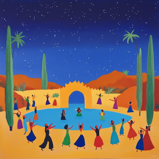 An energetic and uplifting instrumental piece combining traditional middle eastern oud melodies with lively dabke rhythms, creating a festive atmosphere under the enchanting desert night sky.