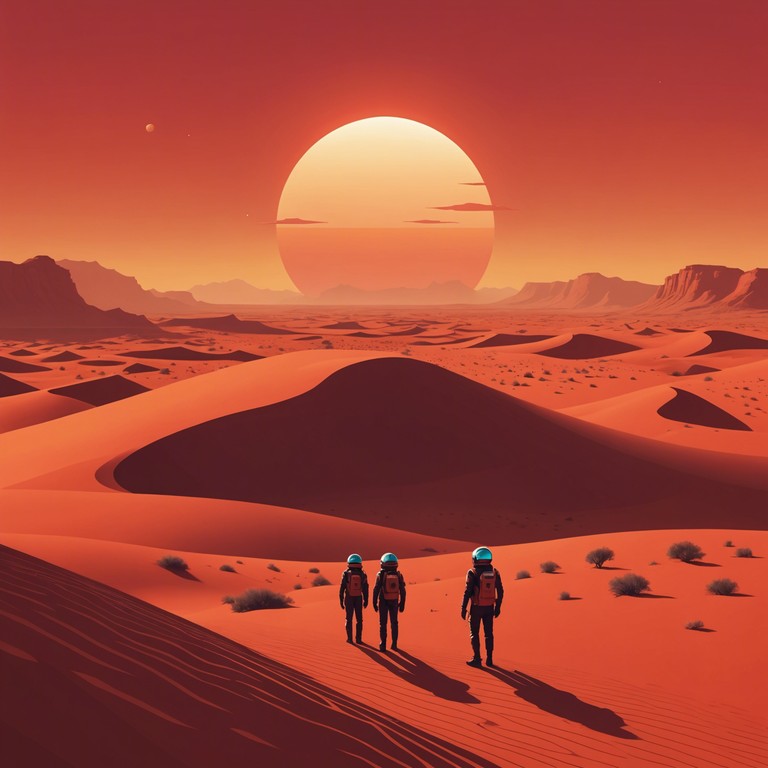 Imagine a soundscape where the energy of a new day meets the mysterious vastness of mars. The track combines electrifying rhythms with atmospheric elements to create a feeling of dancing at a cosmic sunrise. The song continuously builds up, layering vibrant techno beats that mimic the anticipation and excitement of exploring the martian dunes at dawn.