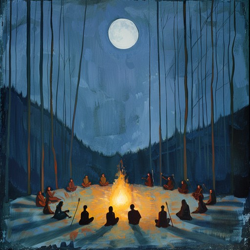 Immerse in an intimate tribal experience where gentle hand drums and soft chants create a mystical ambiance. This piece invites the listener to a quiet, moonlit night around a fire, where ancestral stories and secrets are softly shared through evocative rhythms and melodies, fostering a deep connection to the earth and each other.