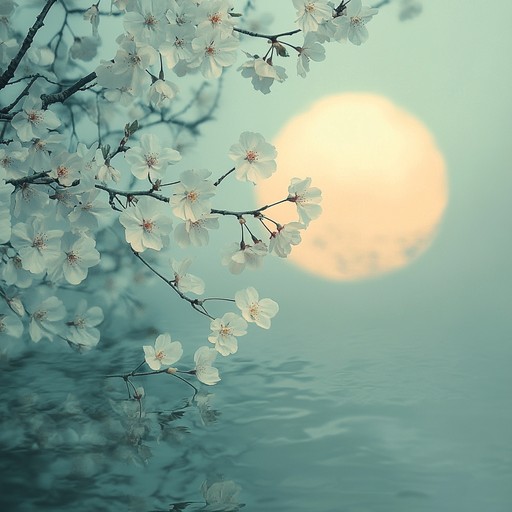 An instrumental piece that evokes the tranquility of a quiet night under blooming cherry blossoms, with gentle harmonies and ethereal sounds reminiscent of a dreamy anime landscape