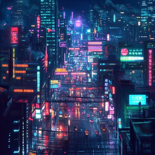 High energy jpop track blending vibrant electronic sounds with urban cityscape influences, perfect for a night time dance setting with riveting beats and intense rhythms.