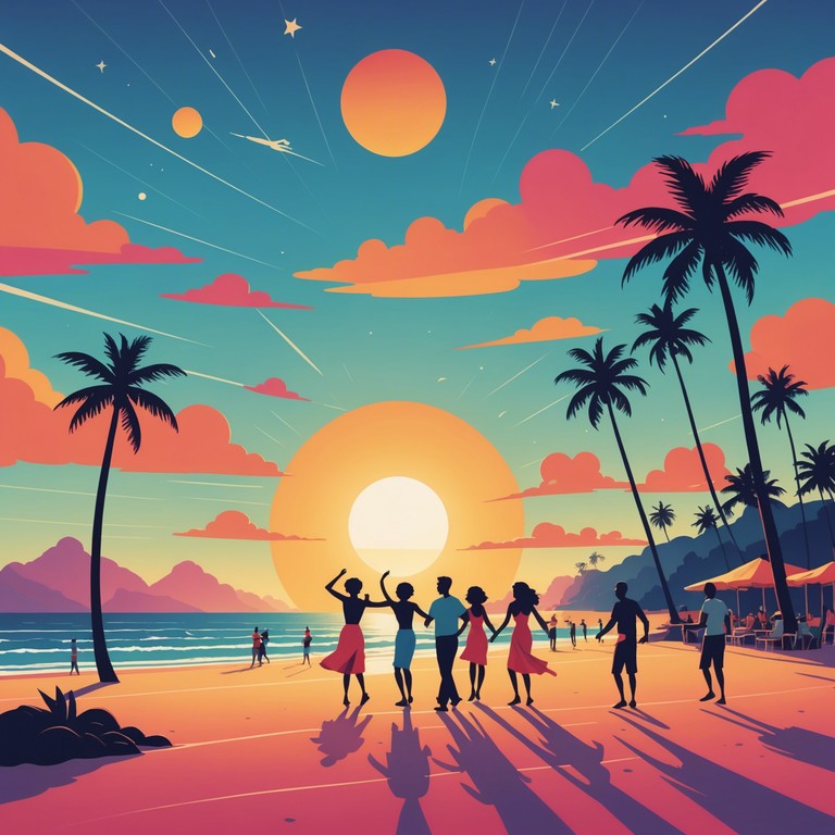 Imagine a vibrant sunrise on a brazilian beach, where energetic samba rhythms blend with the sounds of the waking city, creating an uplifting atmosphere that celebrates the joy of a new day. Instruments and dancers fill the scene, inviting everyone to feel the warmth and positivity.