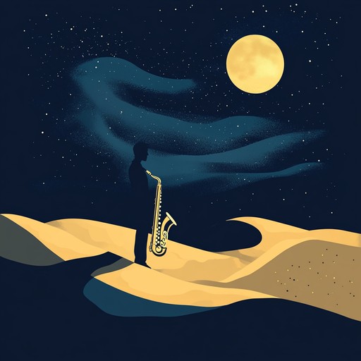 A smooth and rhythmic jazz piece that fuses traditional jazz instruments with exotic middle eastern scales and rhythms, creating an atmospheric and sensual soundscape reminiscent of a moonlit desert journey.