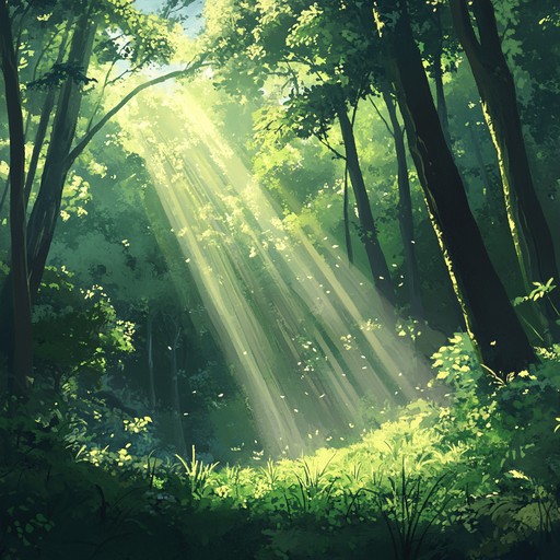 Through the leafy green of a dense forest, sunbeams create a serene and optimistic atmosphere. The delicate flute melodies illustrate the natural harmony and the quiet, hopeful moments found within the embrace of the forest.