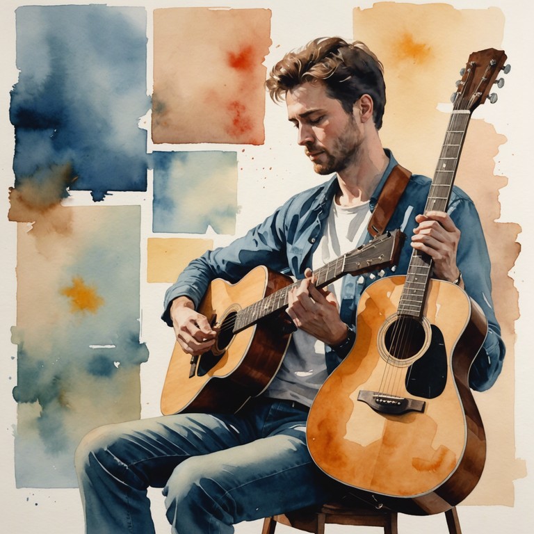 An acoustic guitar delicately plays amidst the soft murmuring of art enthusiasts in a serene gallery setting, contributing to an atmosphere of deep reflection and inner peace.