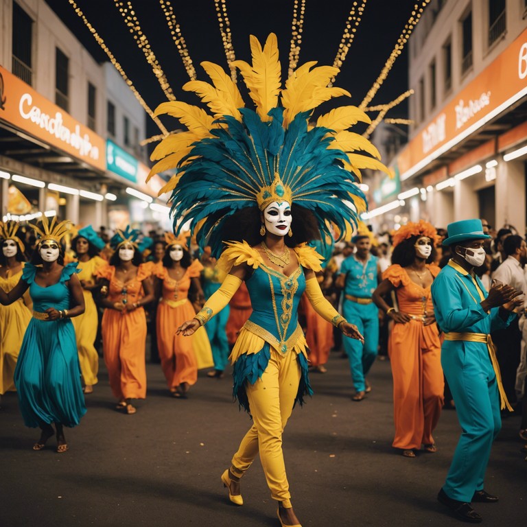 Experience a blending of shadows that flirt with the festive spirit of a rio carnival under the night sky, where the sounds of the cavaquinho add layers of depth and secrecy to the timeless dance of samba.