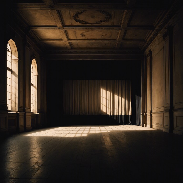 In the depths of an ancient, grand opera house, eerie melodies weave through the hidden corridors and backstage, telling tales of forgotten operatic legends and invisible presences that linger in the shadows. The music captures the essence of suspense and historical depth, layering over the distinct, haunting sound of a solo violin.