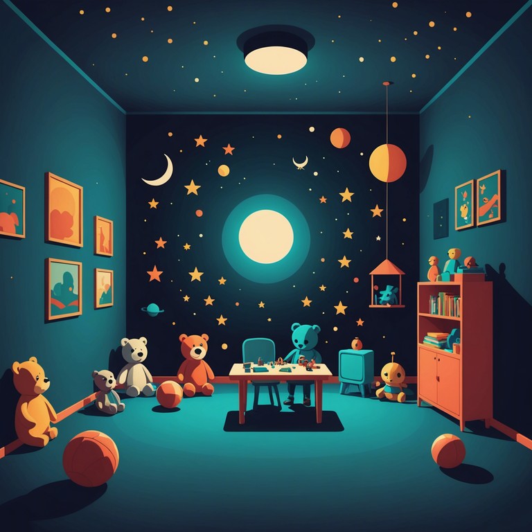 In this track, the listener is drawn into a child's playroom at night, where toy instruments produce ghostly melodies and soundscapes, blending childlike innocence with an undercurrent of suspense. The music builds a haunting atmosphere, evoking imagery of shadows dancing in the faint moonlight that creeps through a half open window.