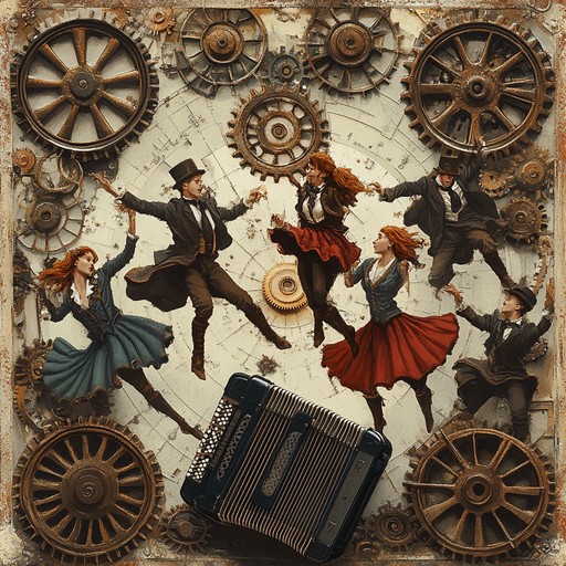 An instrumental piece combining traditional polka rhythms with steampunk inspired mechanical noises and clockwork effects, creating an energetic and whimsical atmosphere.