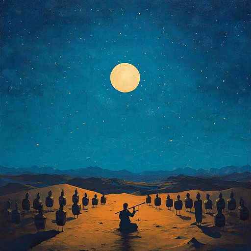 Embark on a mystical sound journey through a barren desert, led by the haunting voice of a flute and a rhythmic heartbeat of drums. The dramatic fusion of ethereal tones and earthy rhythms paints vivid images of ancient rituals and cosmic landscapes.