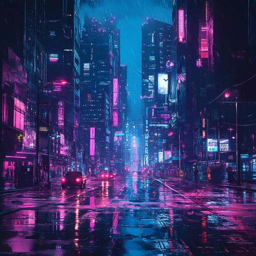 Explore a mystic cyberpunk landscape under neon lights, evoking intimacy with soothing electronic tones and rhythmic pulses that cascade like digital rain, creating a deeply immersive, emotional journey.