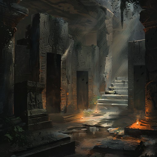 Ominous drones and eerie whispering textures evoke a sinister journey through ancient, forgotten tombs. With every step, the listener is drawn deeper into the cavernous dark, where shadows and echoes conjure an inescapable sense of dread.