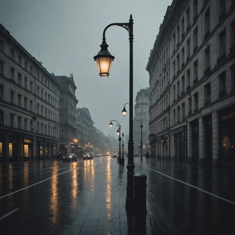 Capture the essence of a reflective journey down a rain soaked 70s boulevard, where the music embodies the mood of introspection stirred by the rhythmic patter of rain. Classic electric piano chords blend with soft ambient sounds to evoke solitude within the city's quiet moments, mirroring the occasional street lights reflecting on wet asphalt.