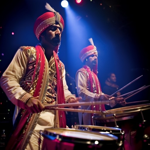 Lively and joyous bhangra music featuring the powerful beats of the dhol drum, accompanied by the rhythmic sounds of the tumbi, algoza, and chimta. The fast-paced, energetic music is perfect for dancing and celebrating, evoking the vibrant spirit of punjabi folk culture.