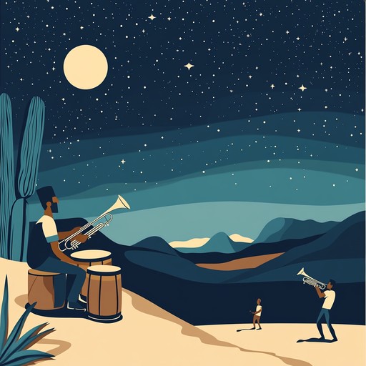 A mysterious journey combining latin jazz with mystical desert tones, featuring the subtle rhythms of bongos and vibrant trumpet solos. The composition evokes ancient stories told under starry skies, blending intricate melodies with enchanting harmonies to transport listeners to a realm of timeless beauty