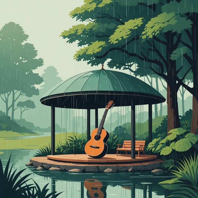 Experience the calming effect of a sitar playing gently alongside the rhythmic patter of rain, creating a soundscape that transports listeners to a tranquil, meditative state amidst the verdant beauty of a monsoon soaked landscape.