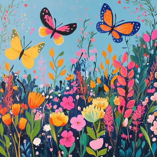 A breezy and carefree instrumental nursery rhyme filled with gentle, lilting melodies and vivid, joyful sounds that evoke visions of butterflies dancing in a colorful garden. Perfect for creating a relaxing and cheerful atmosphere that captivates and comforts young listeners.