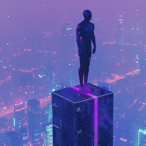 Empower your listeners with a pulsating synthwave track that evokes the sensation of breaking free from digital chains, set in a sprawling cybernetic urban landscape.